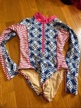 Cabana Life Kids Long-Sleeve Rashguard Swimsuit in Blue & Pink